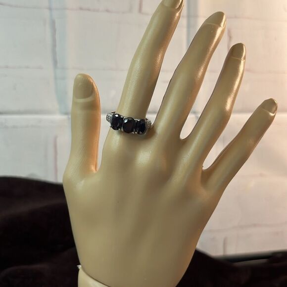 3 Stone Midnight Sapphire Ring & Earrings Set in Durable Stainless Steel. - Picture 15 of 17
